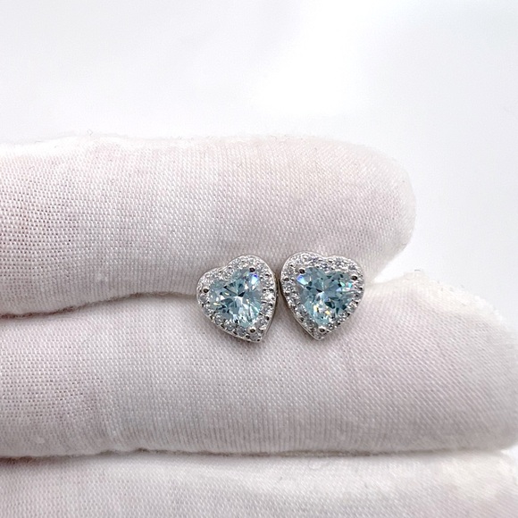 .925 Sterling Silver Aquamarine Cz & Clear Cz Heart Earrings - Picture 14 of 16